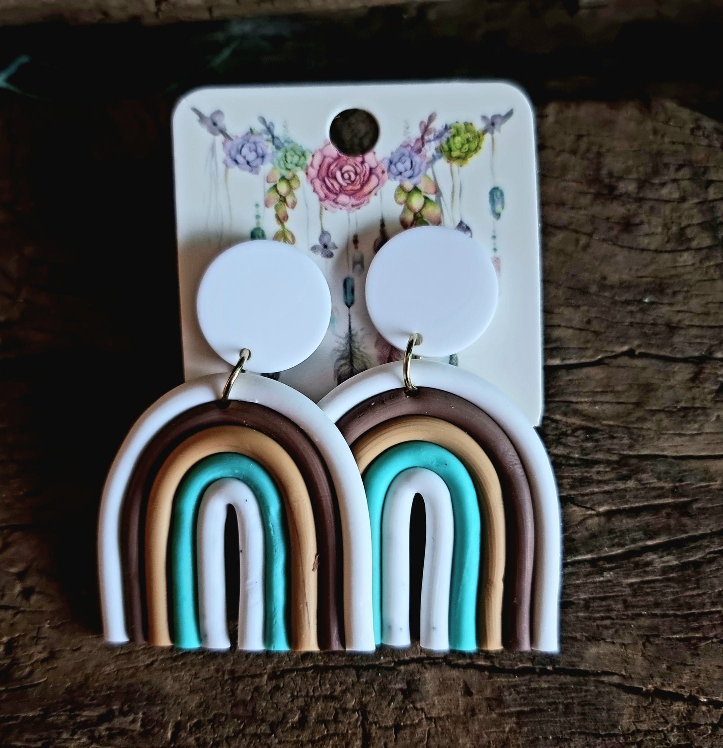 WHITE & BROWN CLAY RAINBOW EARRINGS