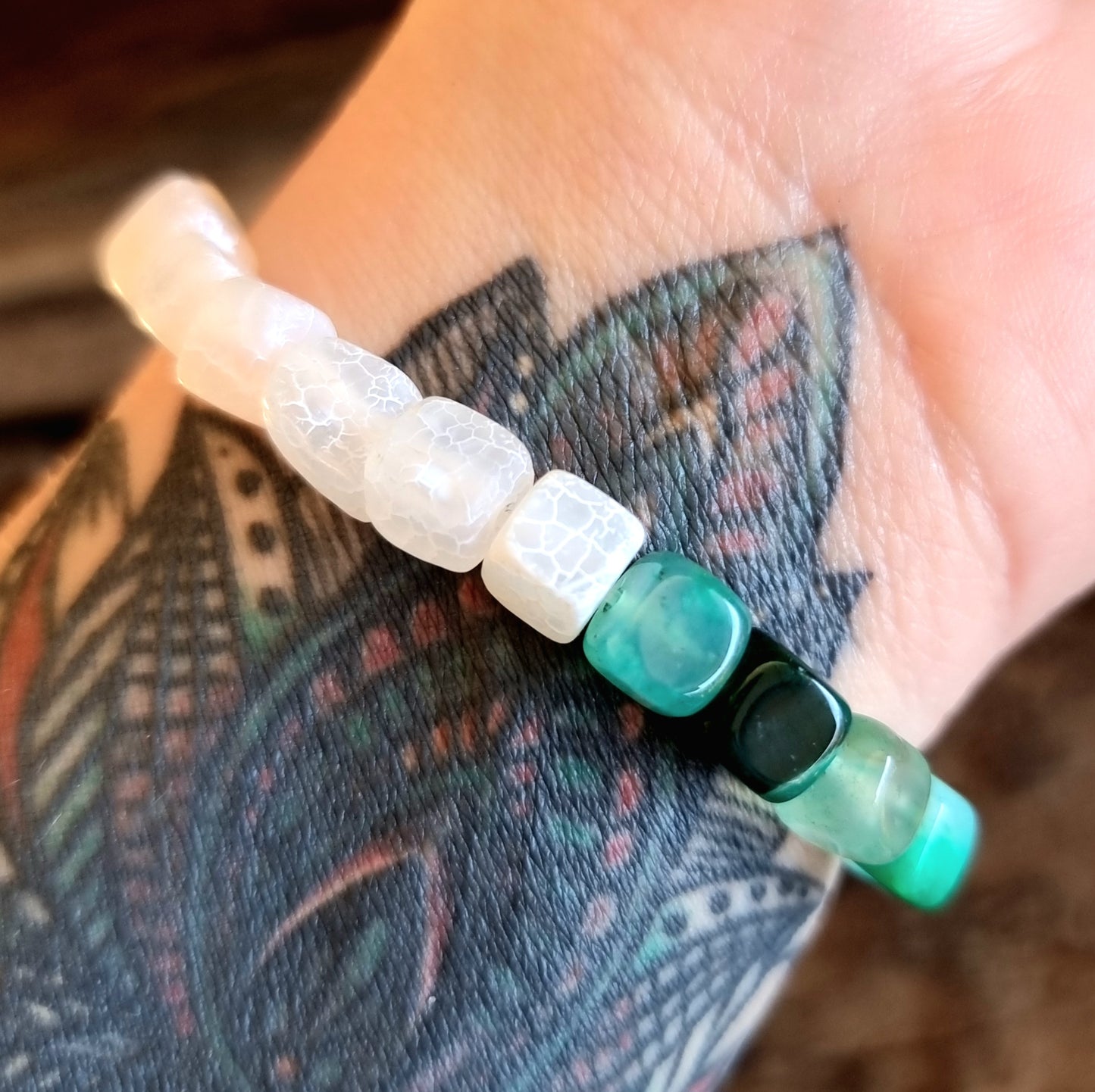 GREEN & WHITE AGATE DUO NUGGET BRACELET - ANGELS & SPIRIT GUIDES COMMUNICATION