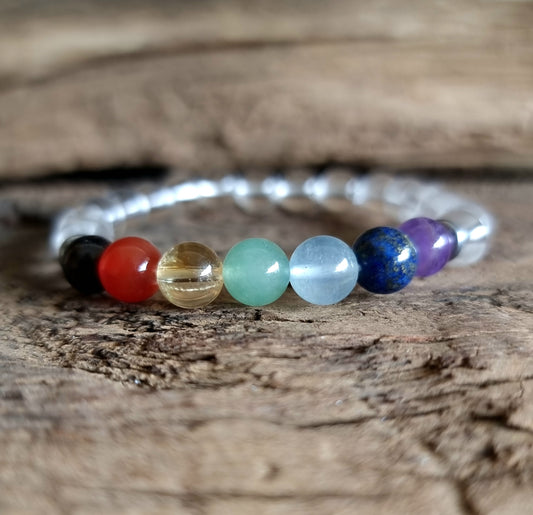 CLEAR QUARTZ SEVEN CHAKRA BALANCING BRACELET 8mm