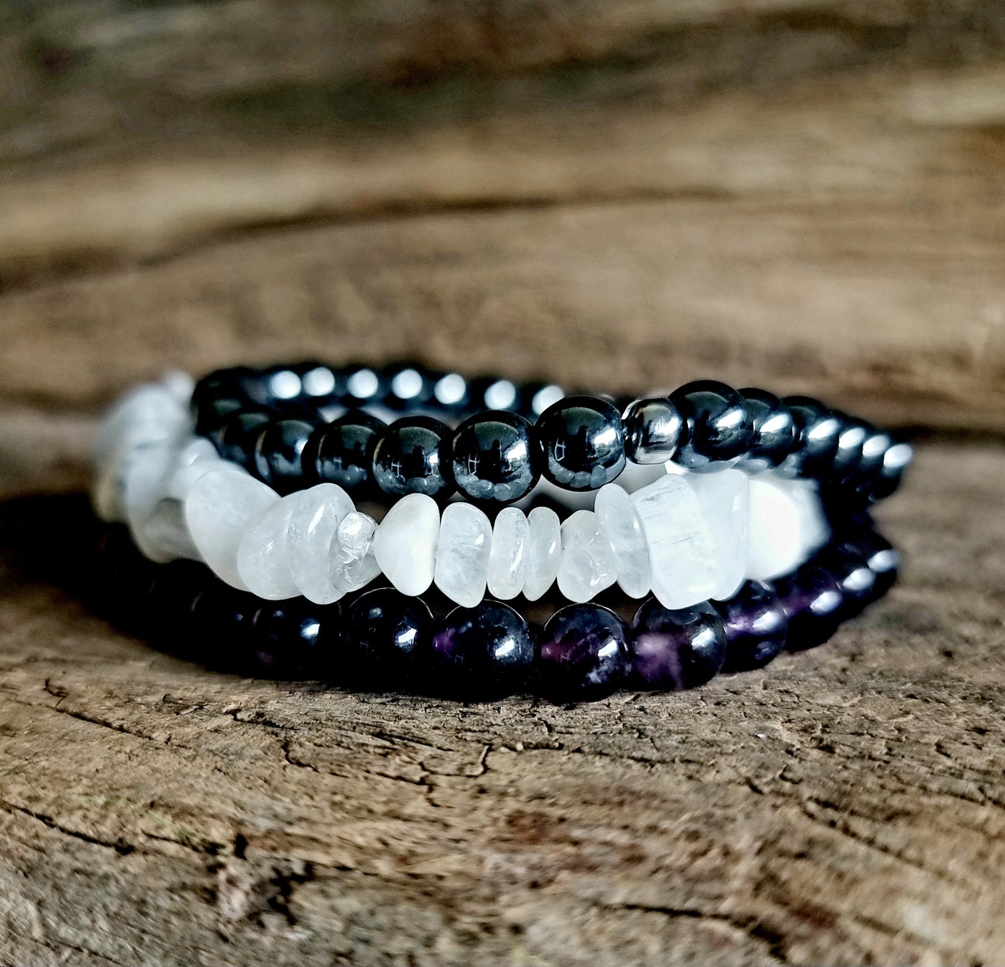 INTUITION AND PROTECTION BRACELET STACK - AMETHYST, HEMATITE AND MOONSTONE