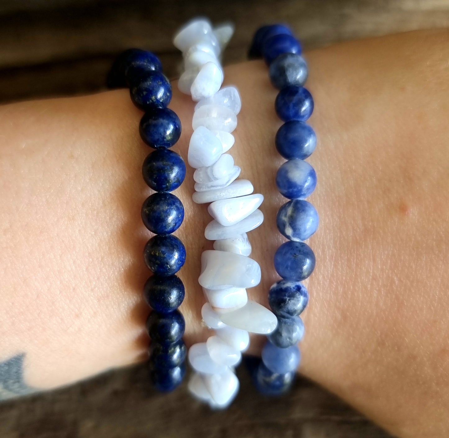 COMMUNICATION BRACELET STACK - BLUE LACE AGATE, LAPIS LAZULI AND SODALITE