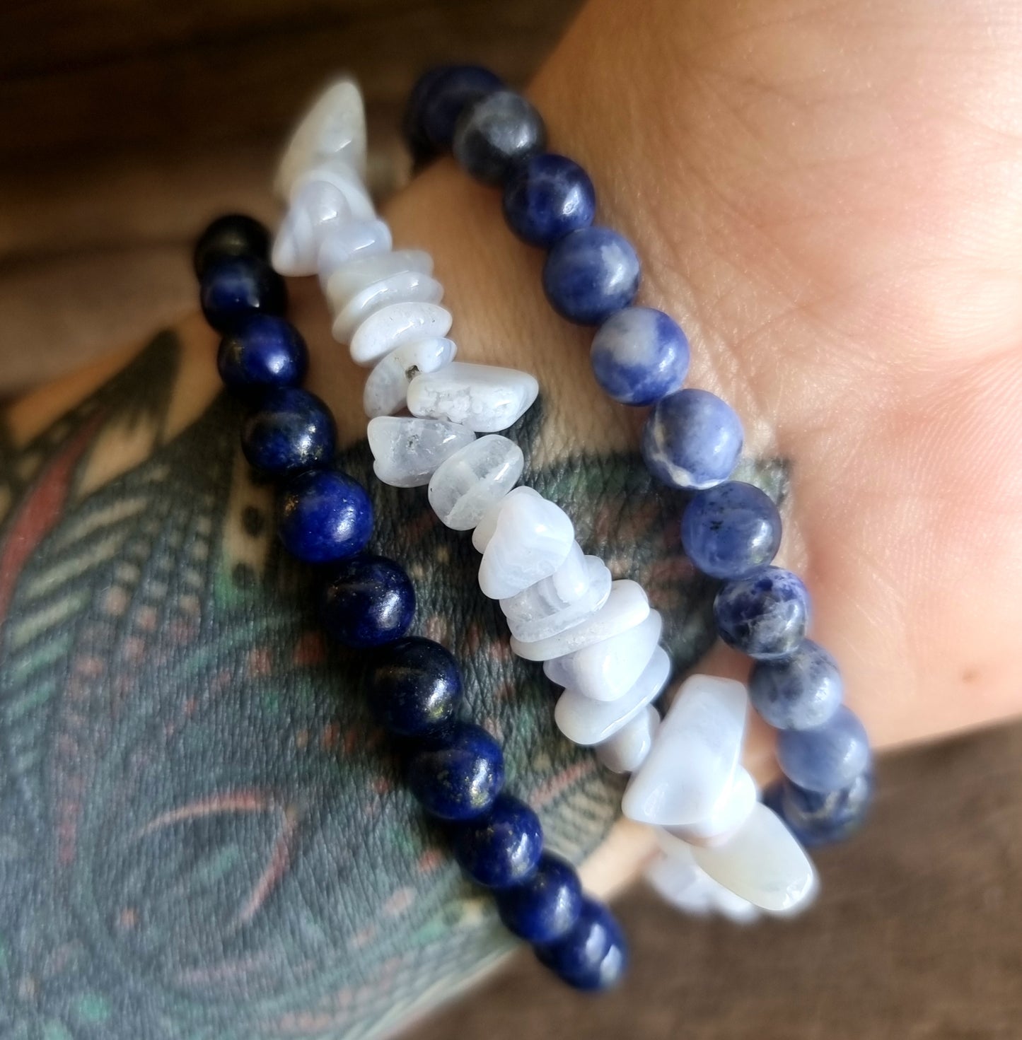 COMMUNICATION BRACELET STACK - BLUE LACE AGATE, LAPIS LAZULI AND SODALITE