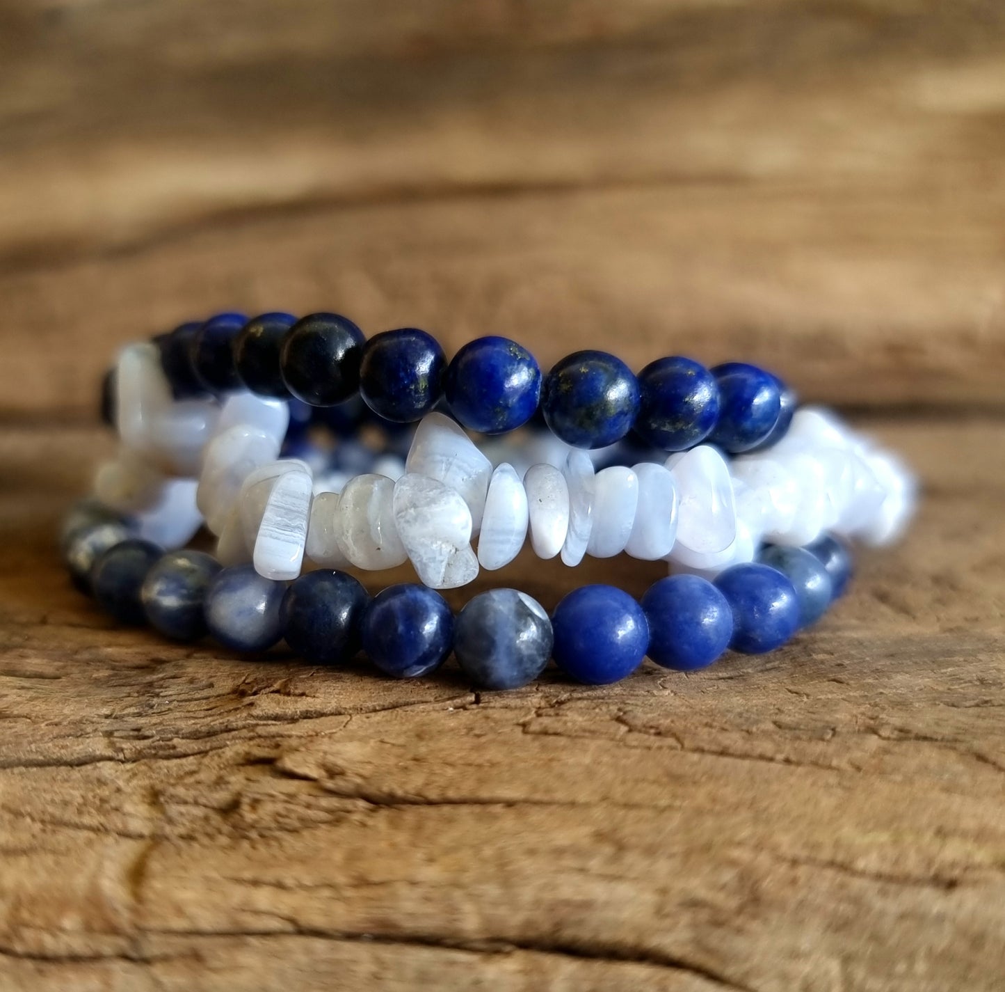 COMMUNICATION BRACELET STACK - BLUE LACE AGATE, LAPIS LAZULI AND SODALITE