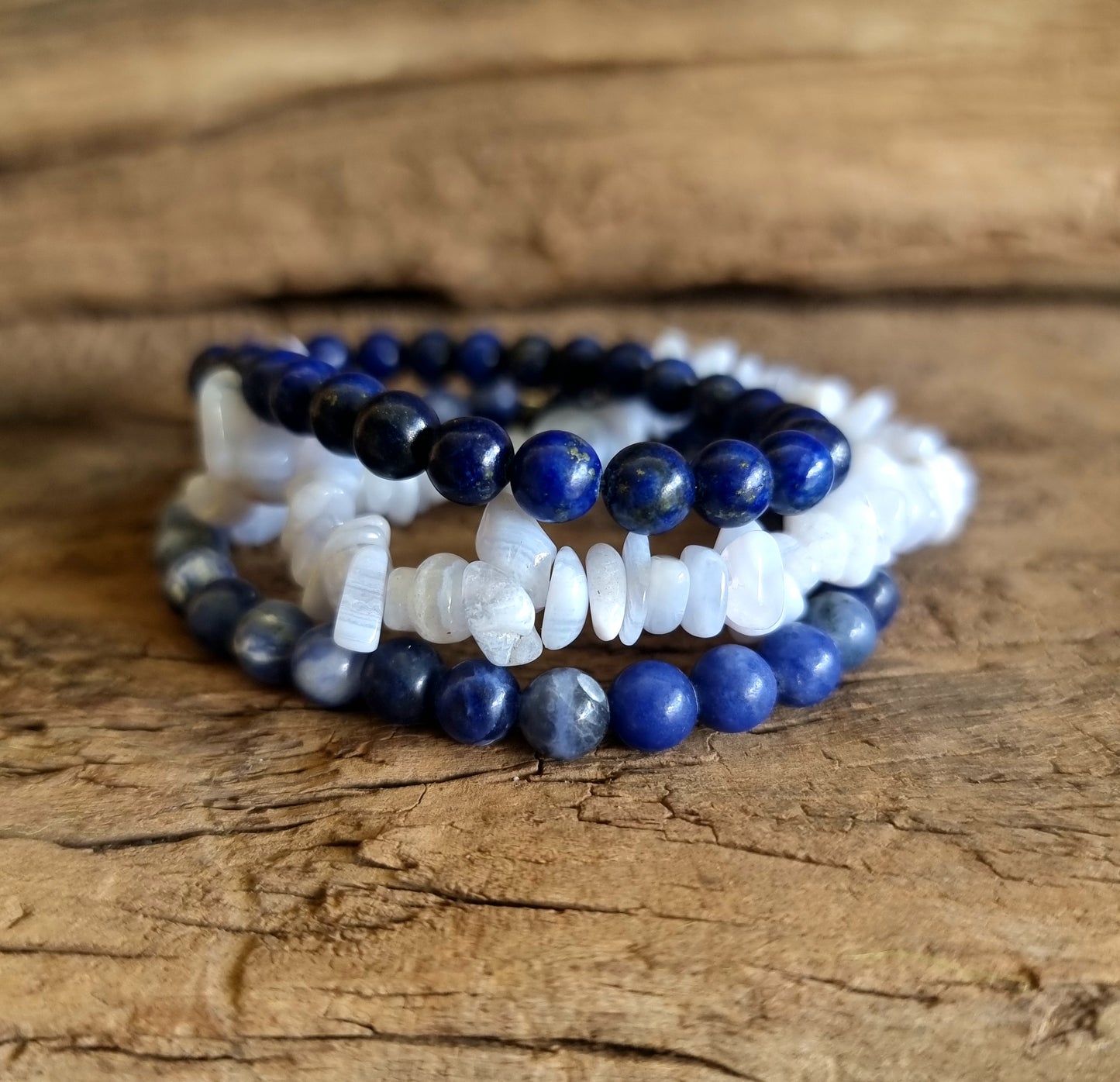 COMMUNICATION BRACELET STACK - BLUE LACE AGATE, LAPIS LAZULI AND SODALITE