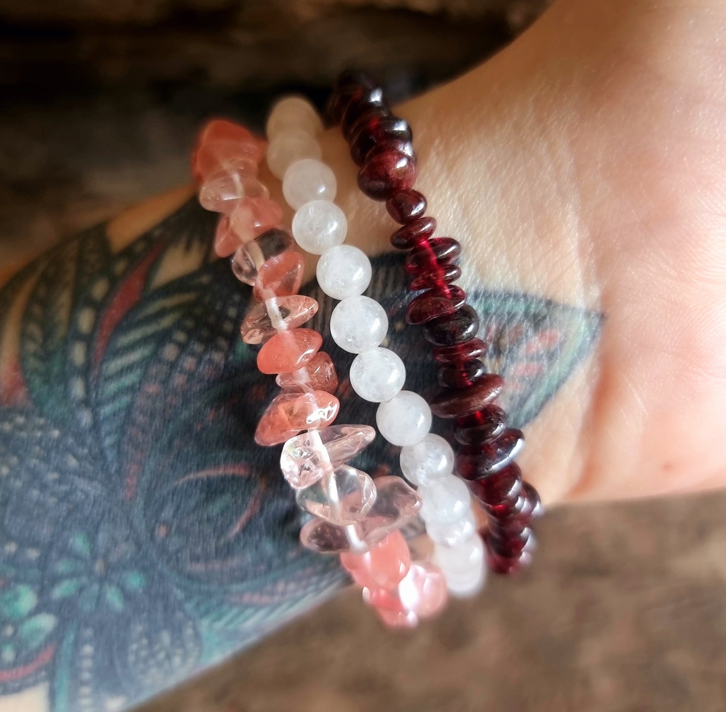 LOVE BRACELET STACK - GARNET, ROSE AND STRAWBERRY QUARTZ