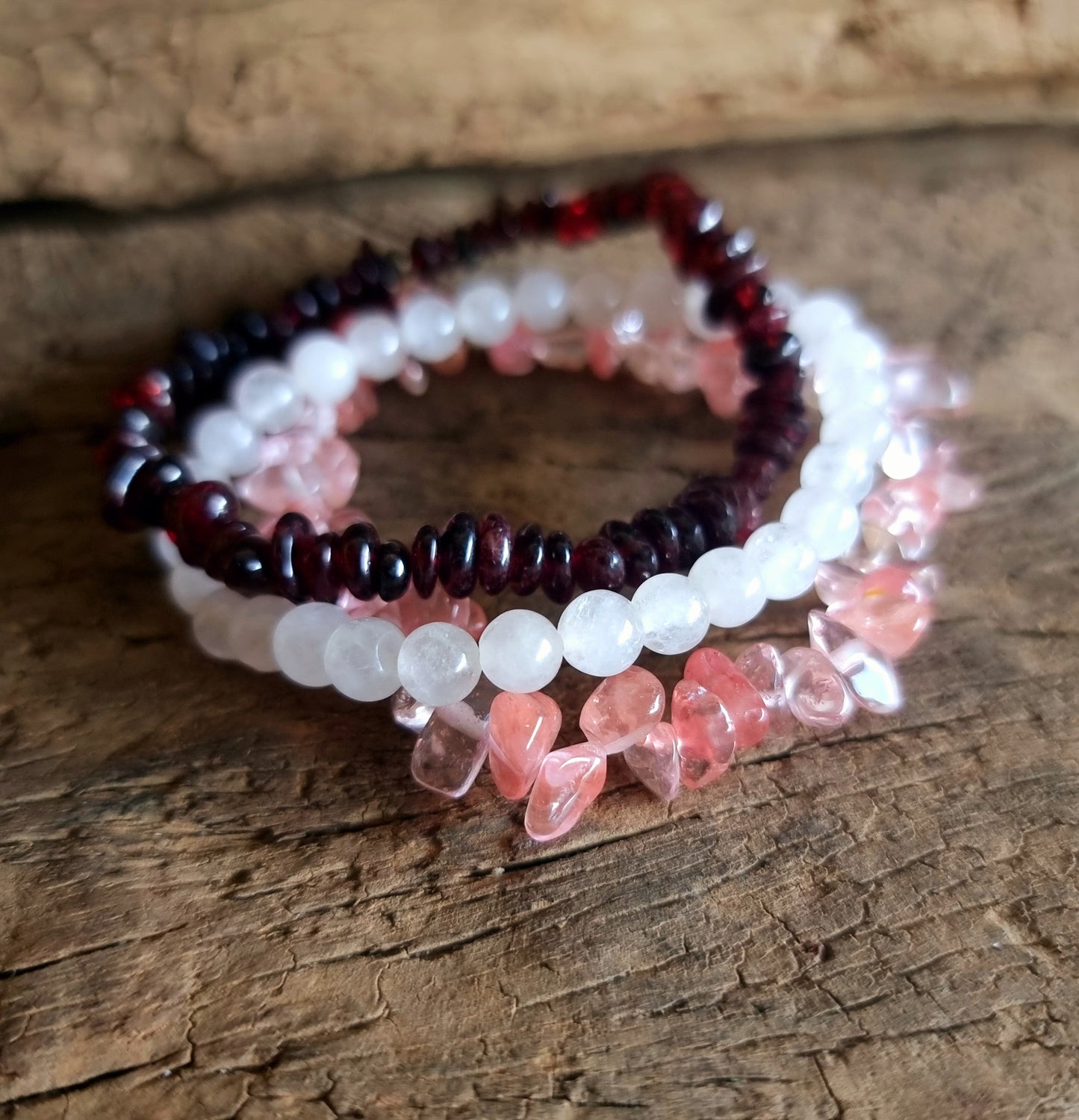 LOVE BRACELET STACK - GARNET, ROSE AND STRAWBERRY QUARTZ