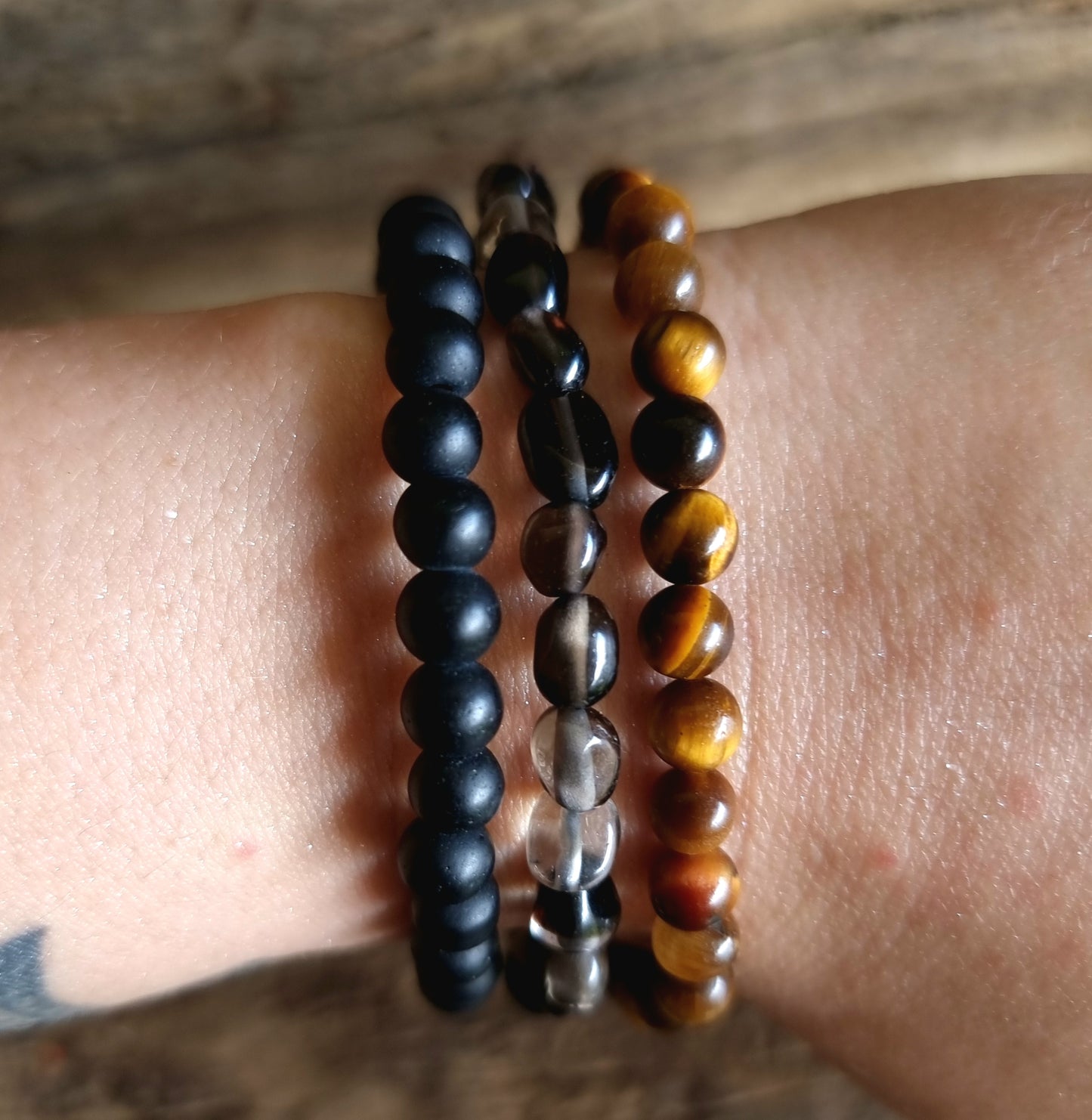 TRIPLE PROTECTION BRACELET STACK - TIGERS EYE, SMOKY QUARTZ & ONYX