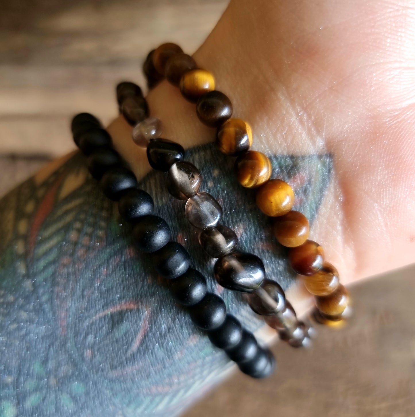 TRIPLE PROTECTION BRACELET STACK - TIGERS EYE, SMOKY QUARTZ & ONYX