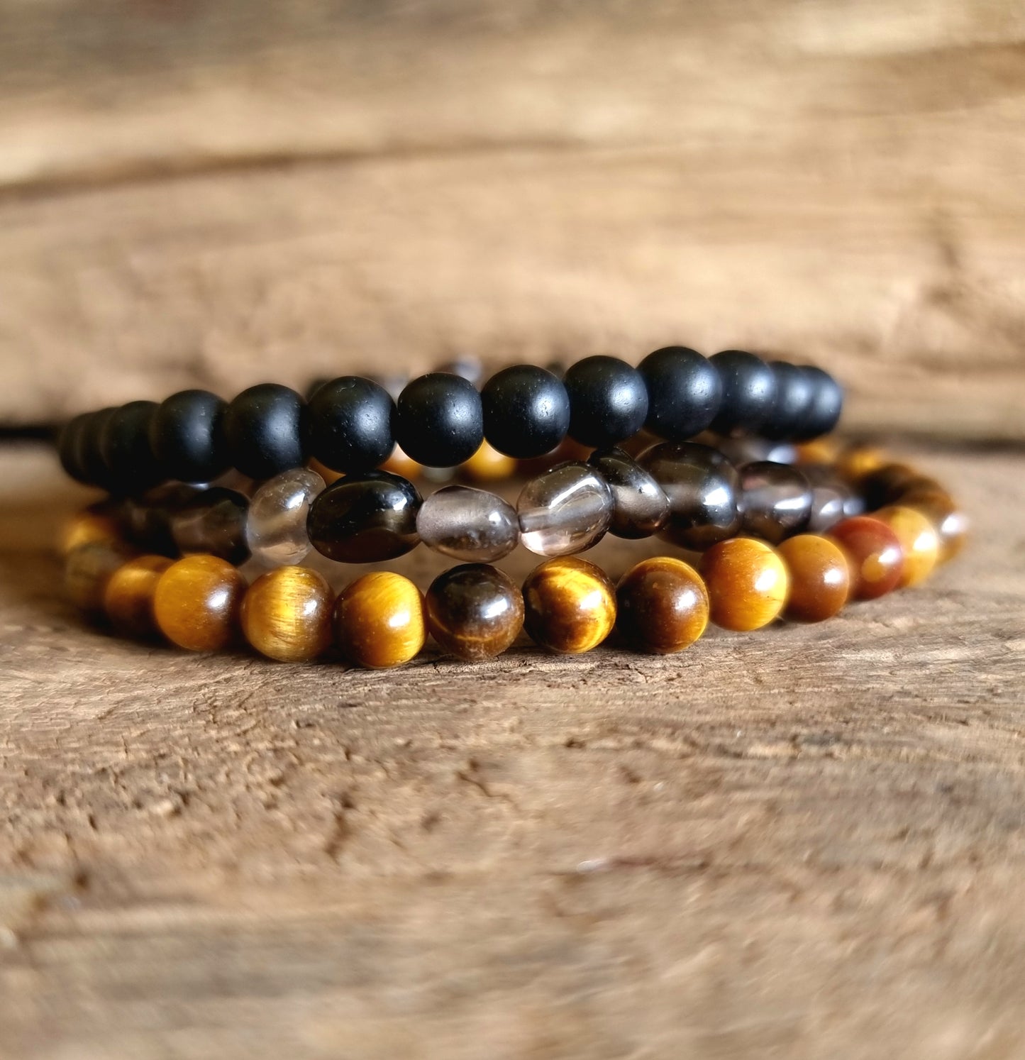 TRIPLE PROTECTION BRACELET STACK - TIGERS EYE, SMOKY QUARTZ & ONYX