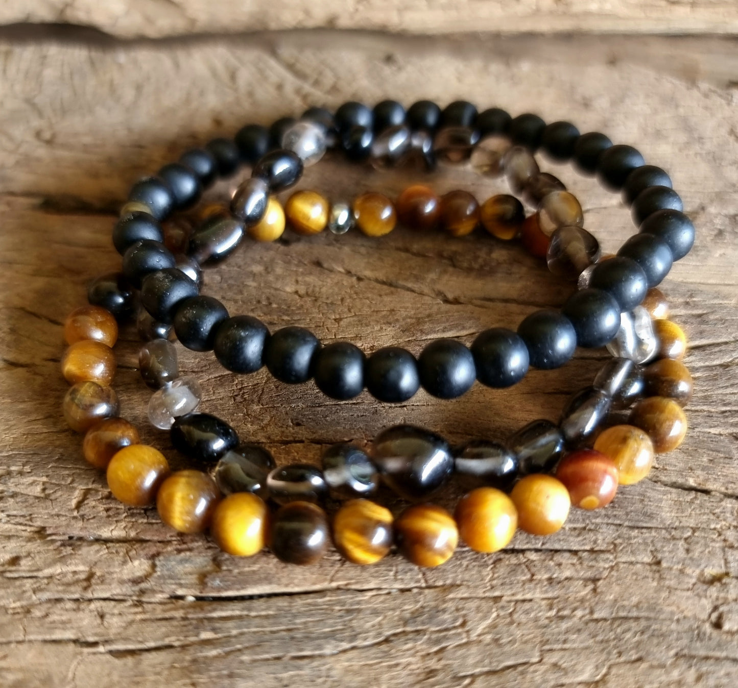 TRIPLE PROTECTION BRACELET STACK - TIGERS EYE, SMOKY QUARTZ & ONYX