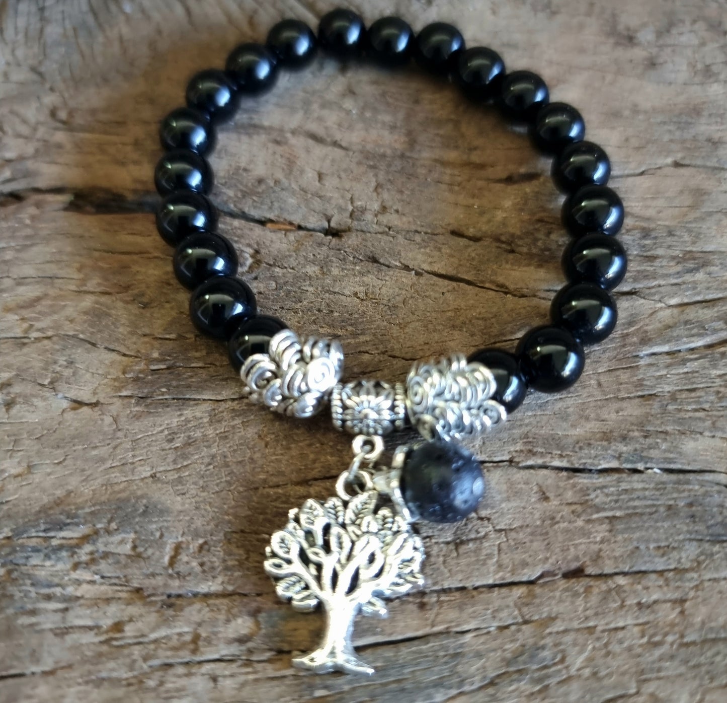 BLACK OBSIDIAN TREE OF LIFE BRACELET 8mm - PROTECTION
