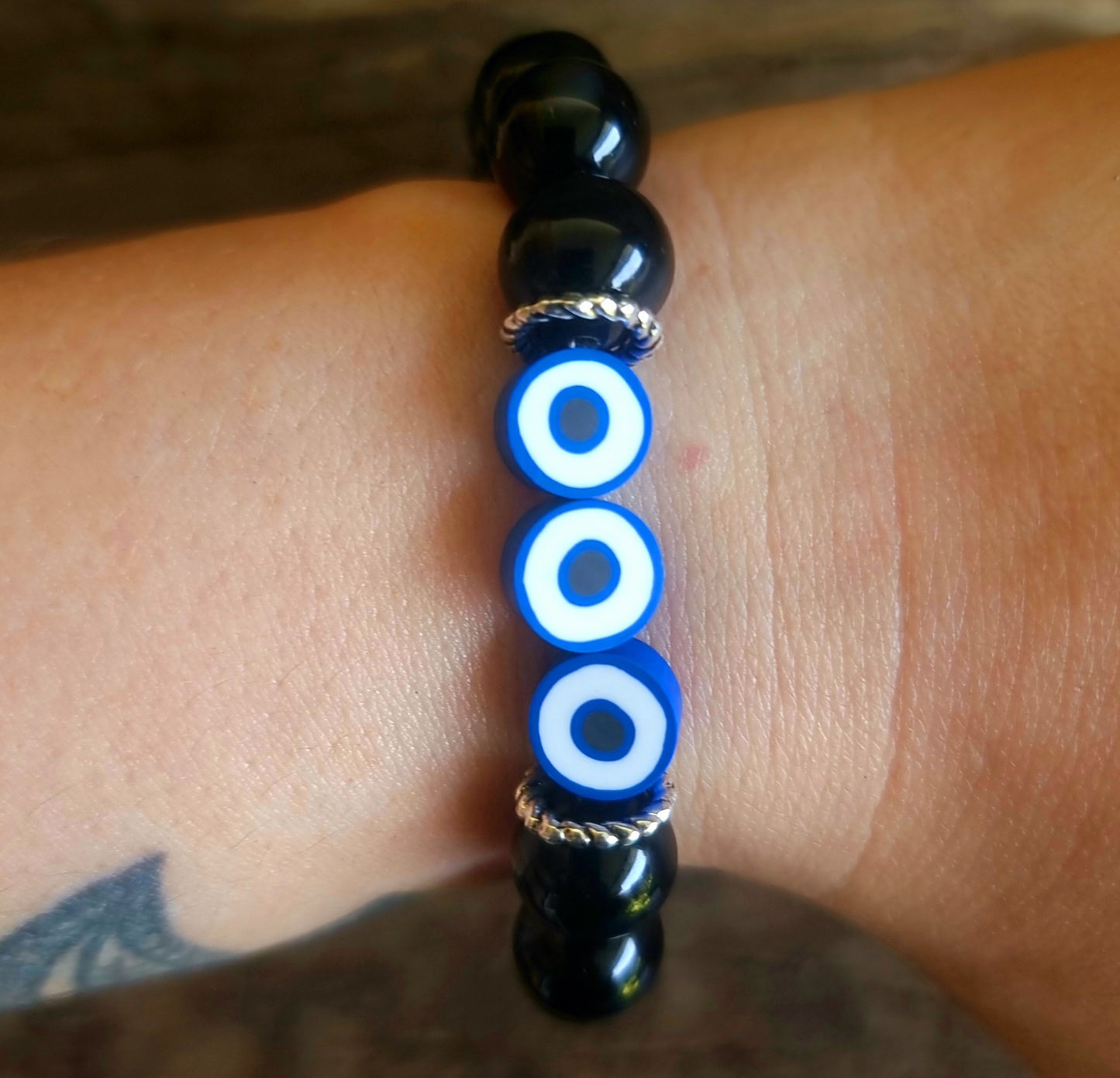 BLACK AGATE EVIL EYE PROTECTION BRACELET 10 mm - PROTECTION AGAINST JEALOUSY