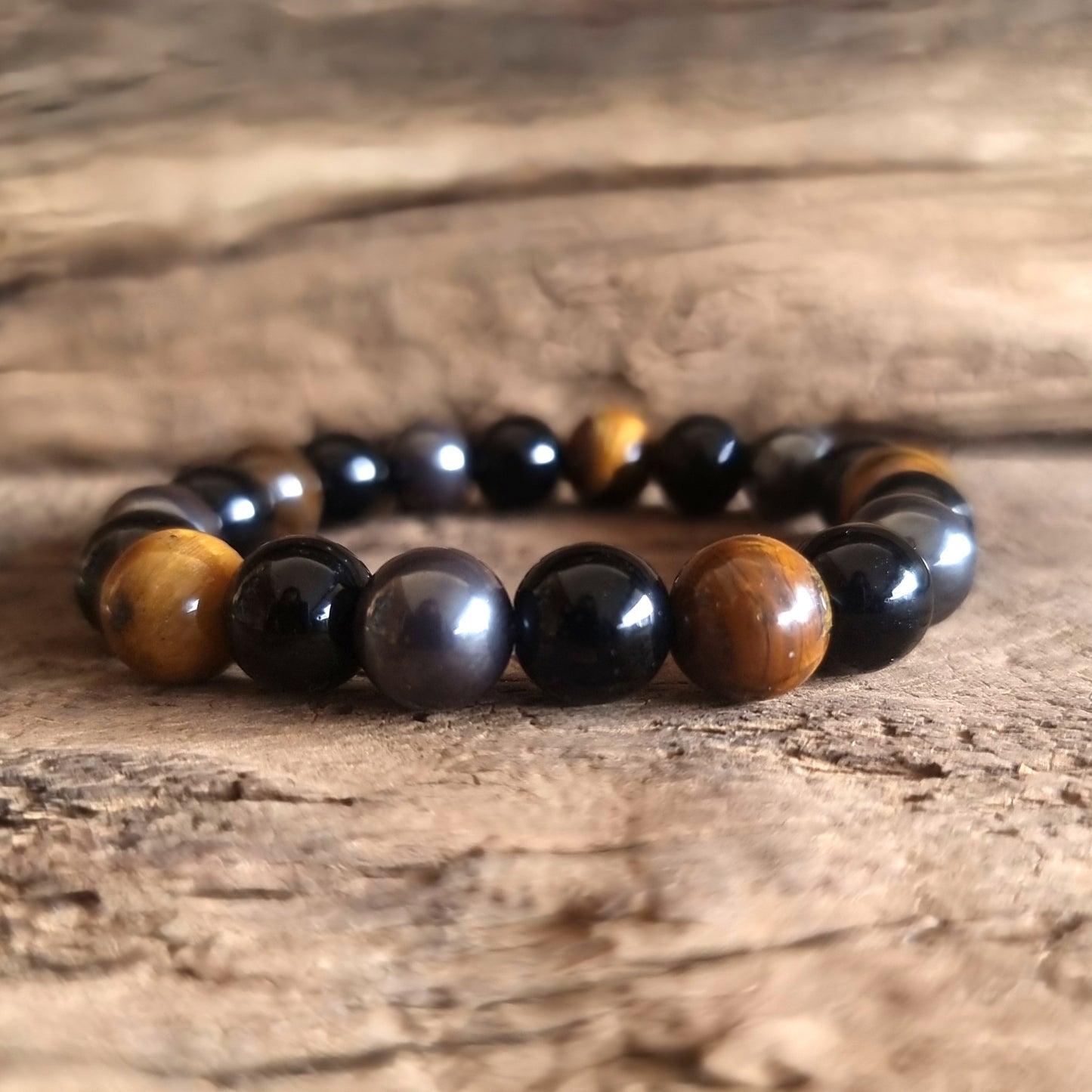 TRIPLE PROTECTION ENERGY BRACELET 10 mm - TIGER EYE, HEMATITE & OBSIDIAN