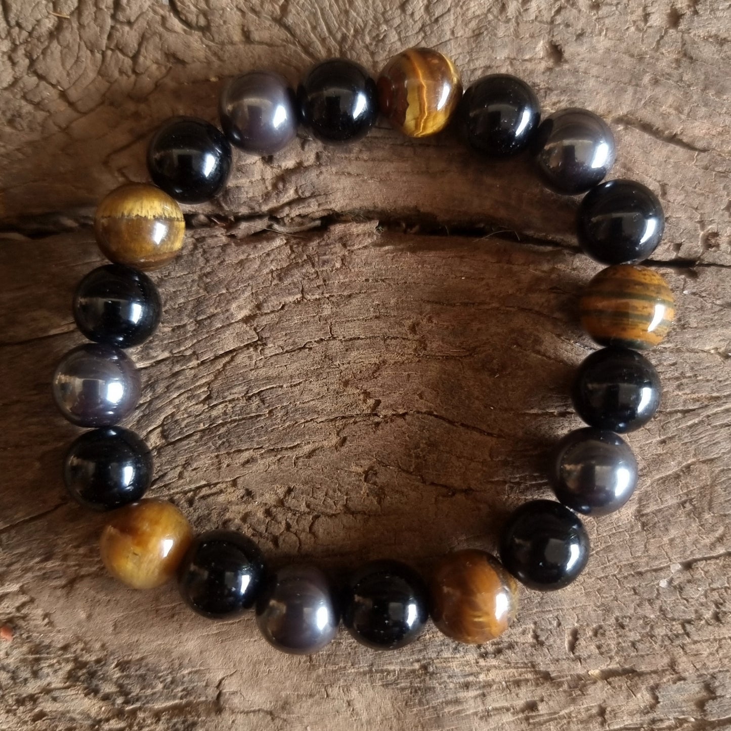 TRIPLE PROTECTION ENERGY BRACELET 10 mm - TIGER EYE, HEMATITE & OBSIDIAN