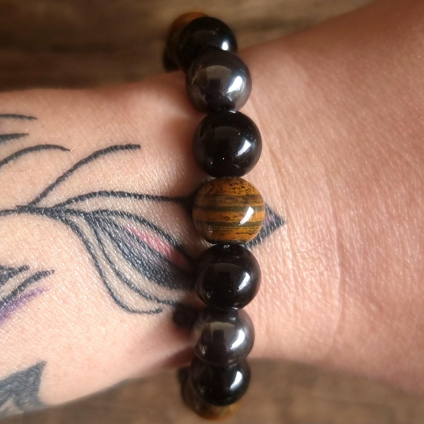 TRIPLE PROTECTION ENERGY BRACELET 10 mm - TIGER EYE, HEMATITE & OBSIDIAN