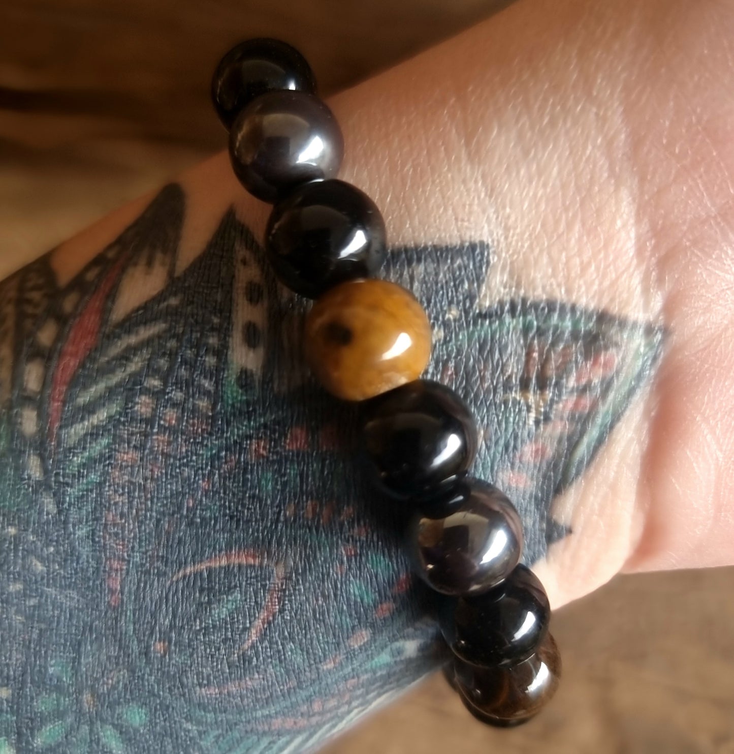 TRIPLE PROTECTION ENERGY BRACELET 10 mm - TIGER EYE, HEMATITE & OBSIDIAN