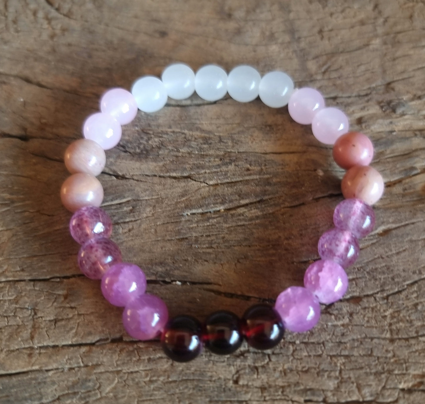 TRIPLE LOVE ENERGY BRACELET 8 mm - GARNET,ROSE AND STRAWBERRY QUARTZ, MOONSTONE & RHODONITE