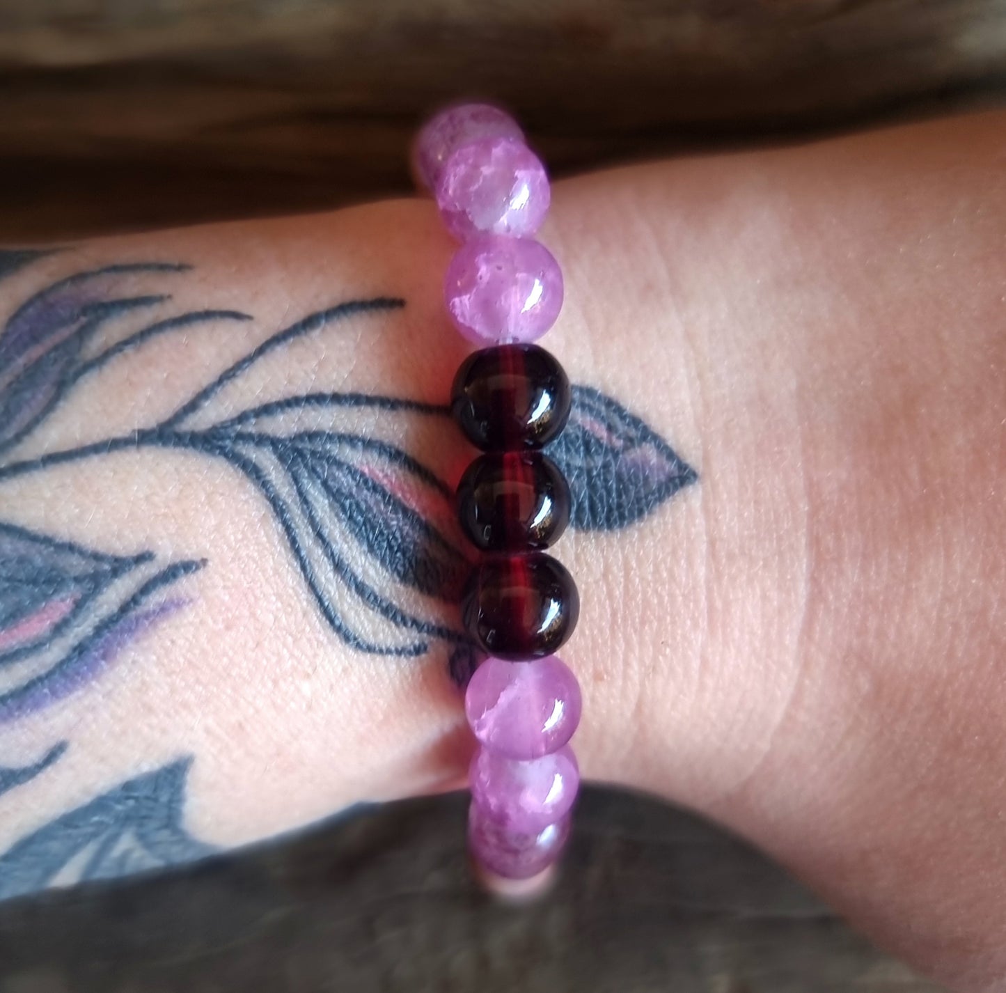 TRIPLE LOVE ENERGY BRACELET 8 mm - GARNET,ROSE AND STRAWBERRY QUARTZ, MOONSTONE & RHODONITE