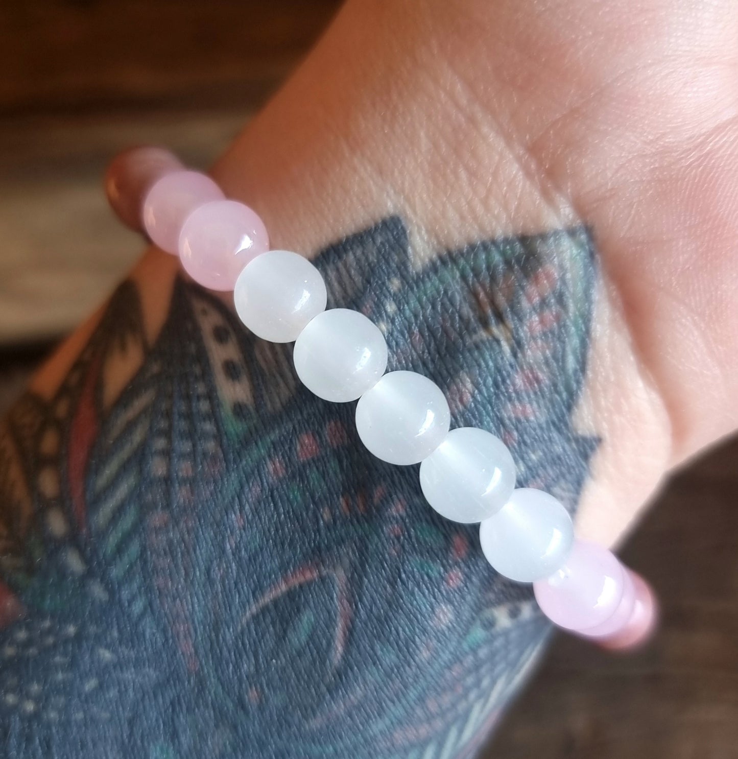 TRIPLE LOVE ENERGY BRACELET 8 mm - GARNET,ROSE AND STRAWBERRY QUARTZ, MOONSTONE & RHODONITE