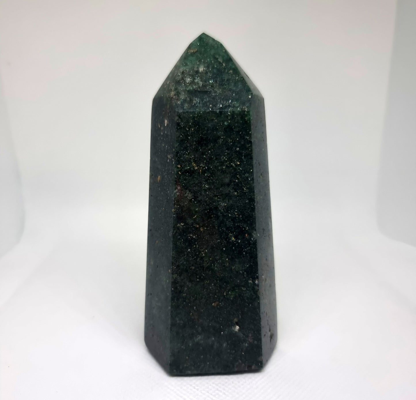 GREEN FUCHSITE QUARTZ WITH PYRITE & MICA SPECS TOWER 335g