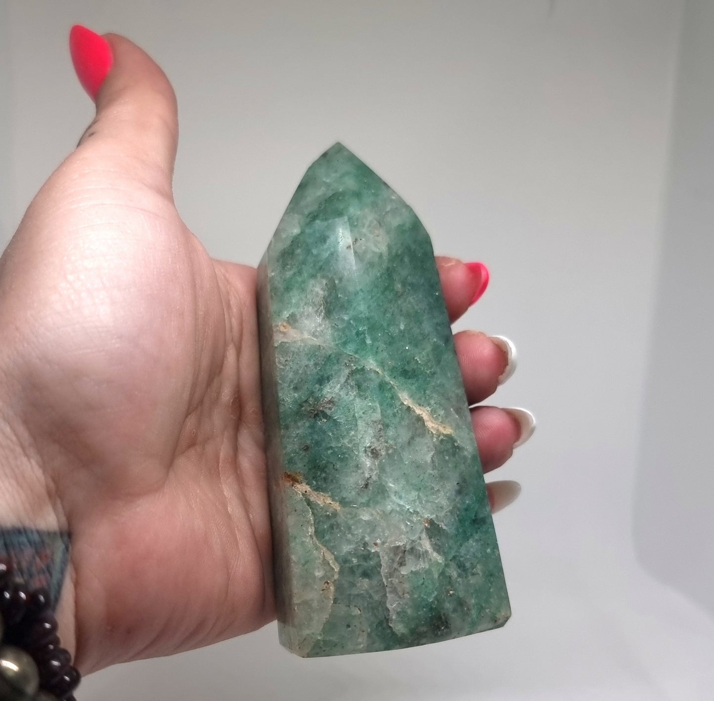 GREEN FUCHSITE QUARTZ WITH PYRITE & MICA SPECS TOWER 345g