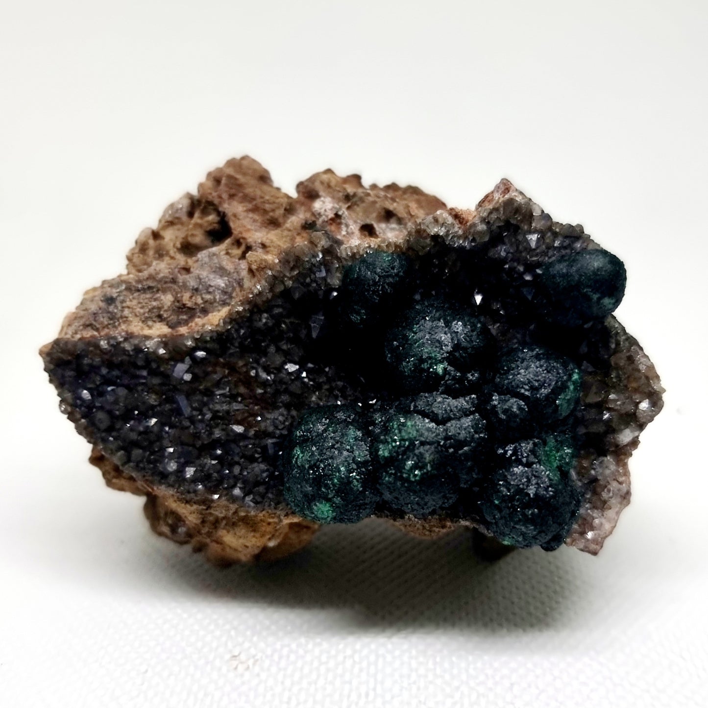 RARE BALL MALACHITE ON DRUZY QUARTZ 154g
