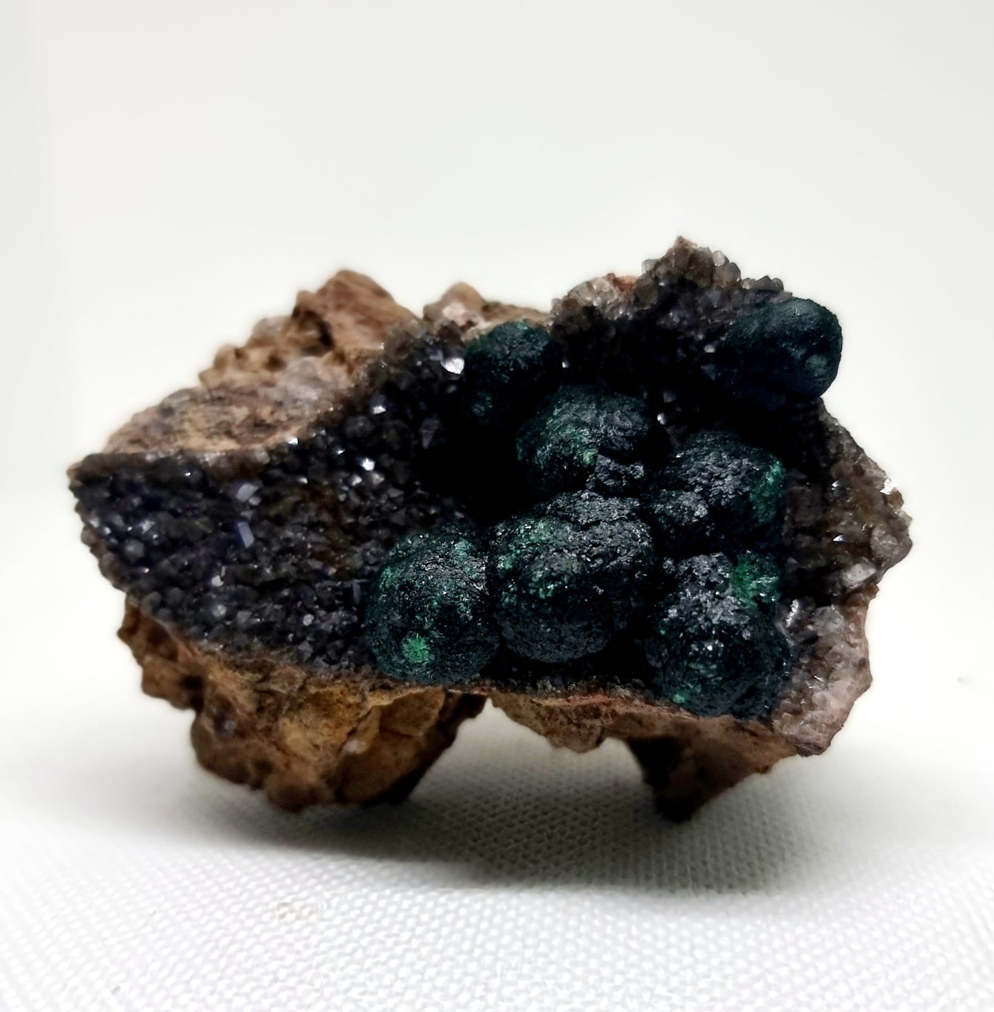 RARE BALL MALACHITE ON DRUZY QUARTZ 154g
