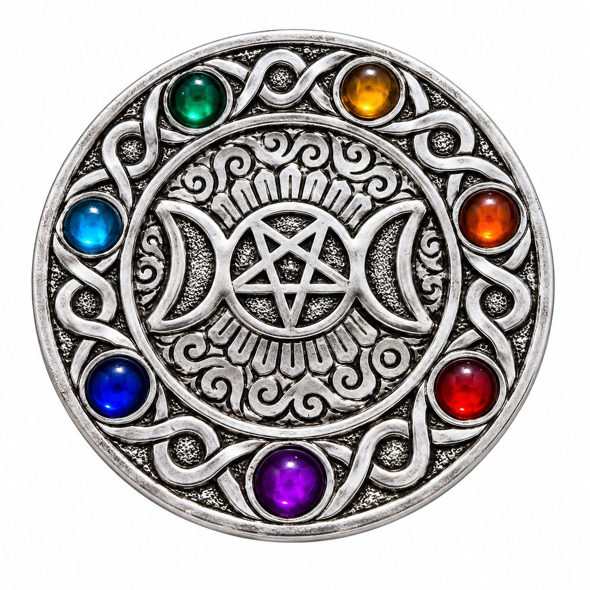 ROUND 7 CHAKRA METAL TRIPLE MOON INCENSE BURNER