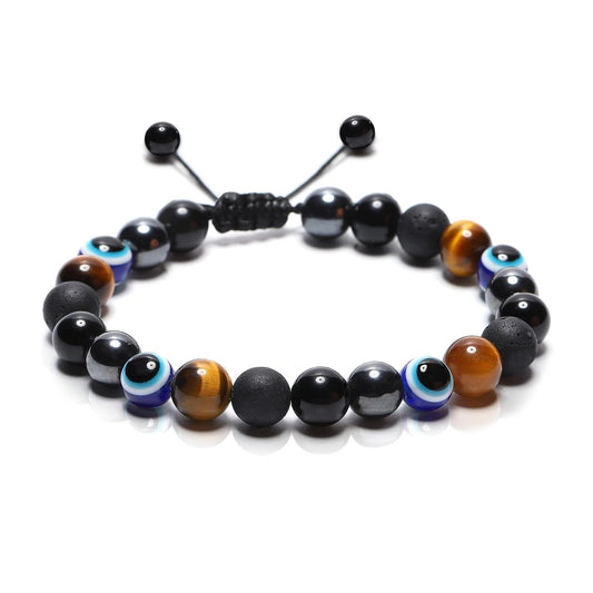 AGAINST EVIL EYE DOUBLE ROW BRACELET ADJUSTABLE - TIGER EYE, HEMATITE & OBSIDIAN