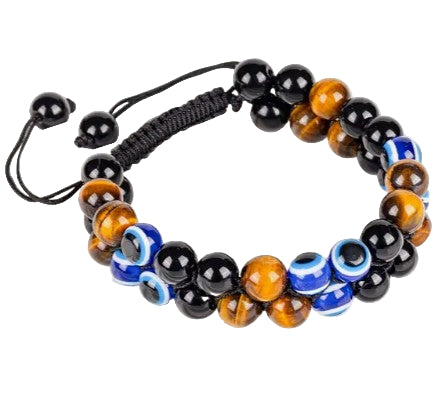 AGAINST EVIL EYE DOUBLE ROW BRACELET 8 mm - TIGER EYE, HEMATITE & OBSIDIAN