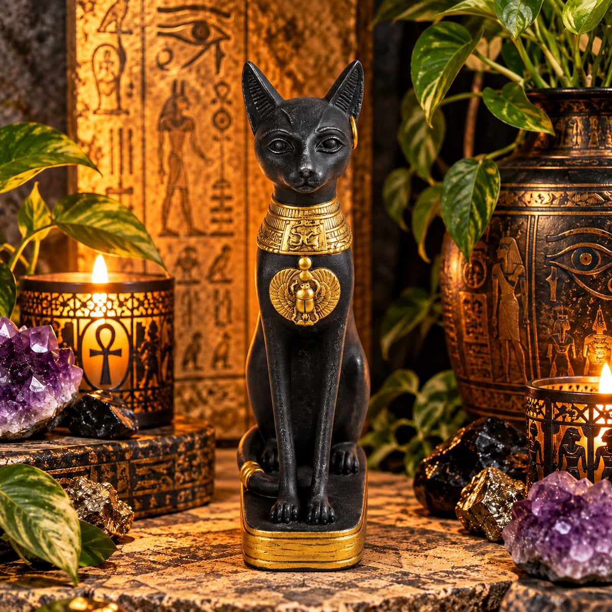 EGYPTIAN BASTET WITH GOLD TRIM STATUE