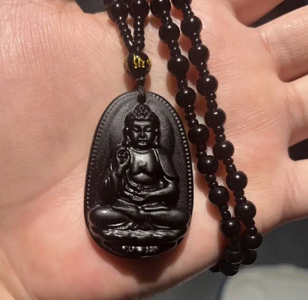 BLACK OBSIDIAN LUCKY BUDDHA NECKLACE - PROTECTION