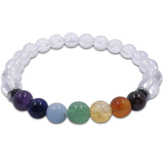 CLEAR QUARTZ SEVEN CHAKRA BALANCING BRACELET 8mm