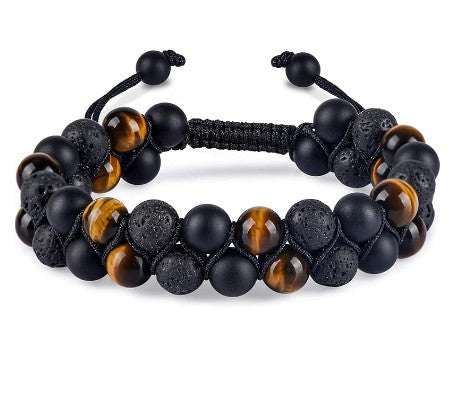 TRIPLE PROTECTION DOUBLE ROW BRACELET - TIGER EYE, ONYX & LAVA STONE