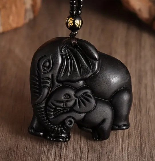 BLACK JADE CARVED ELEPHANT NECKLACE - GOOD FORTUNE