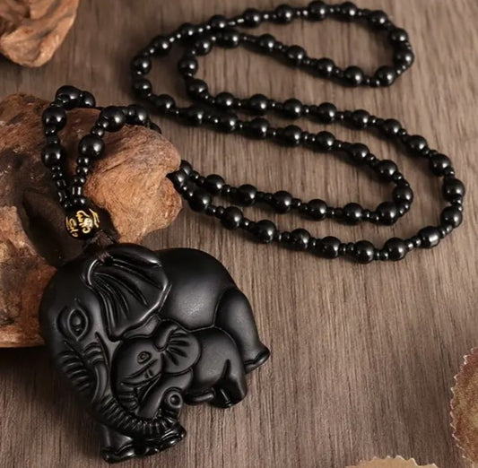 BLACK JADE CARVED ELEPHANT NECKLACE - GOOD FORTUNE