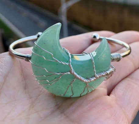 GREEN AVENTURINE MOON WIRE WRAPPED ENERGY BANGLE - PROSPERITY