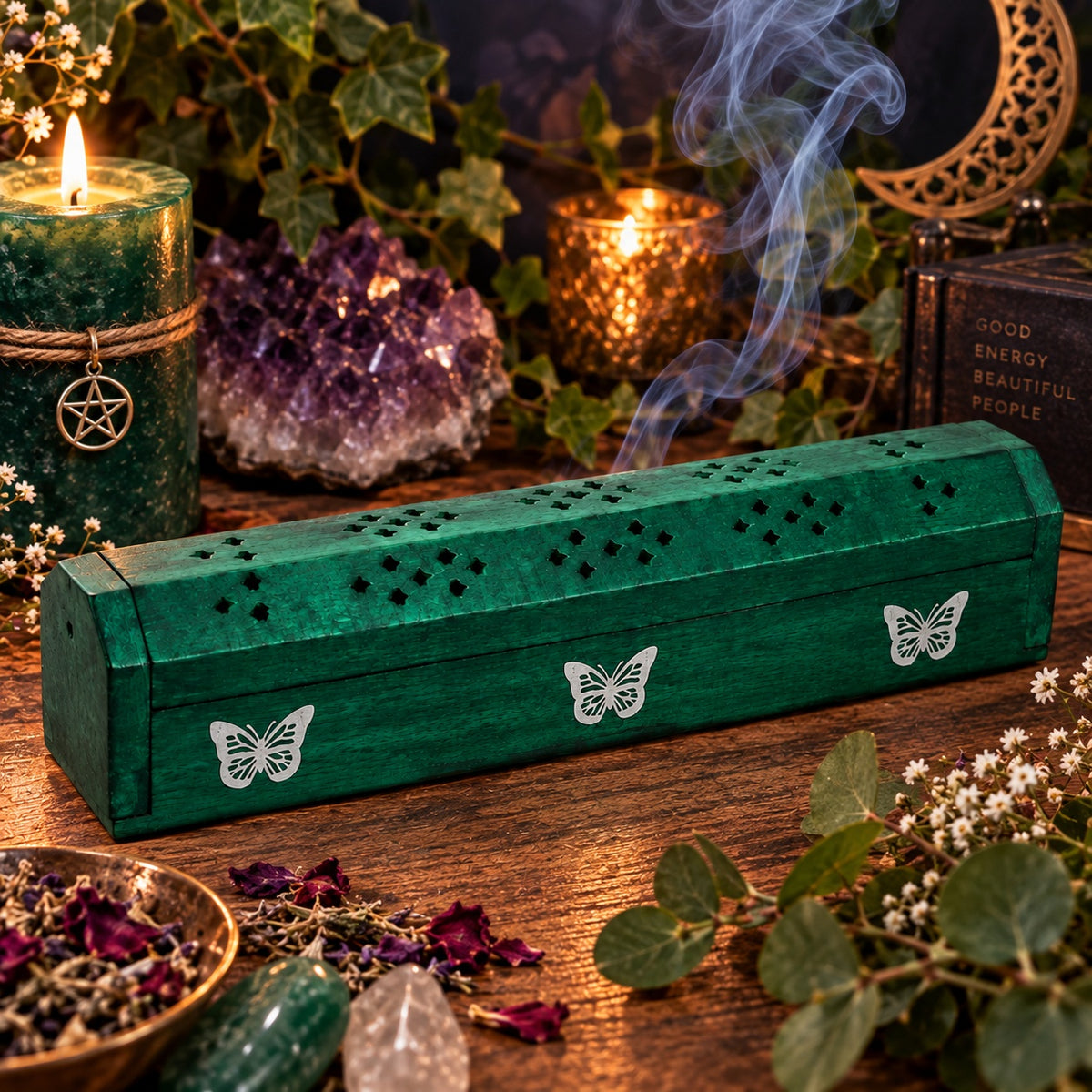 WOODEN GREEN BUTTERFLY INCENSE HOLDER & BURNER