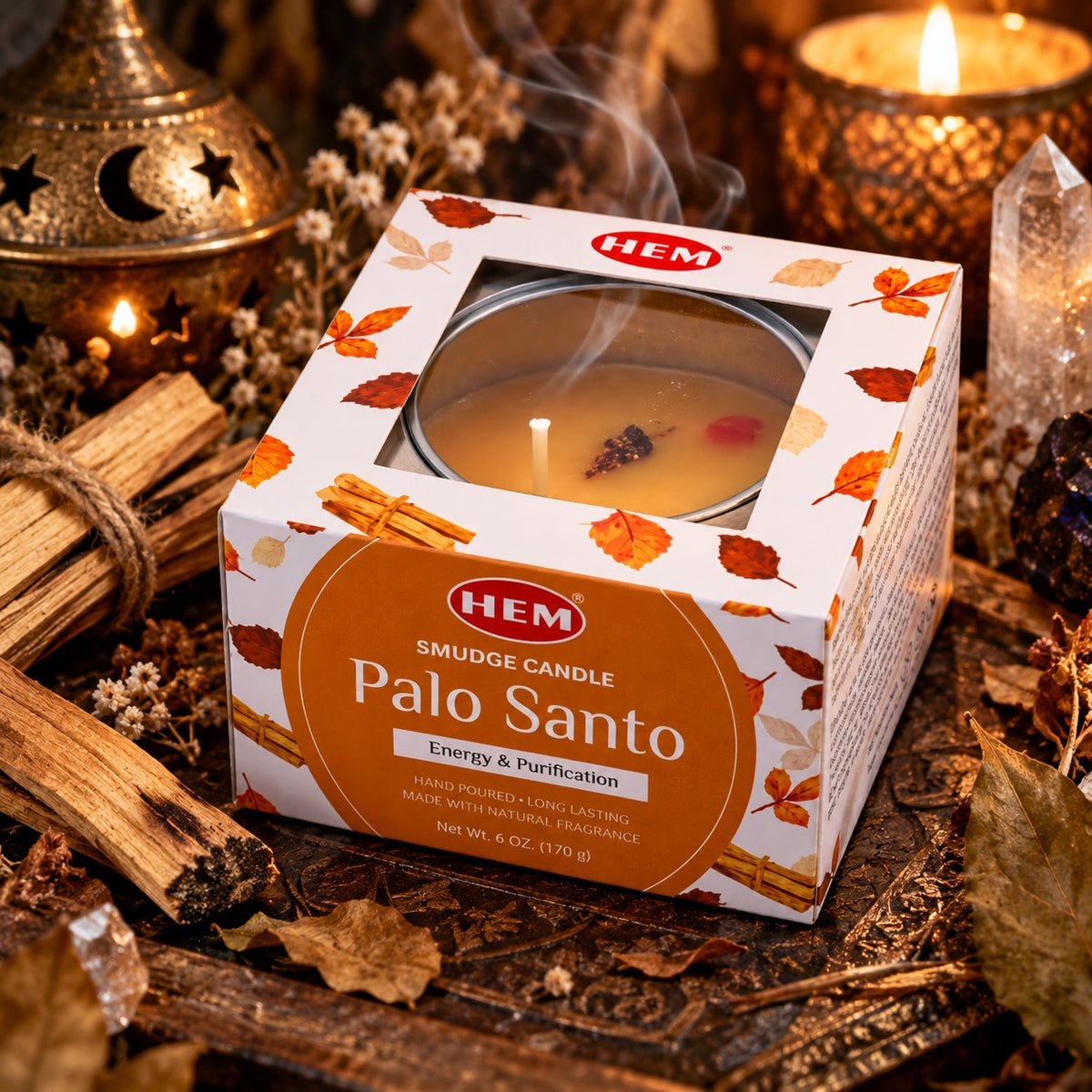 PALO SANTO HEM SMUDGE CANDLE IN A TIN (90 g)