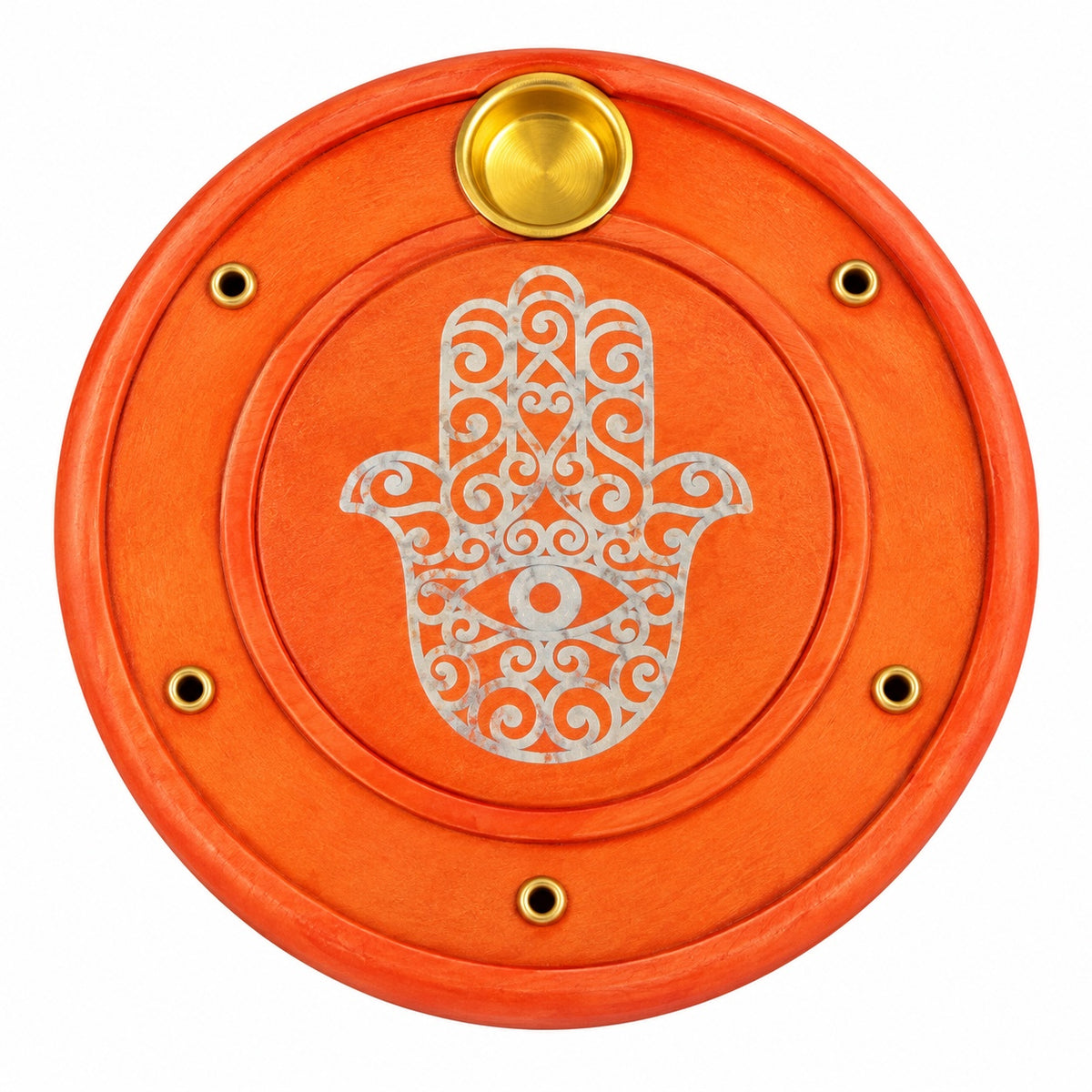 ROUND WOODEN ORANGE HAMSA HAND INCENSE BURNER