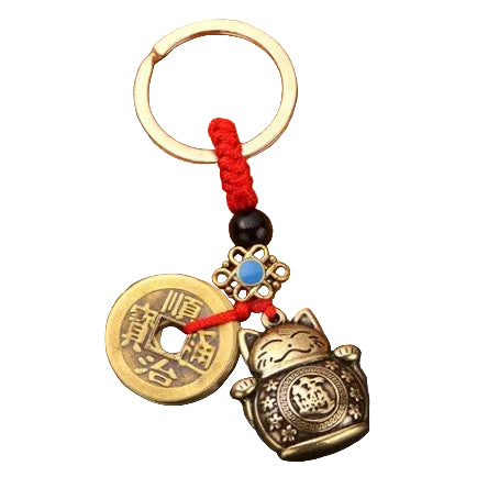 LUCKY CAT FENG-SHUI KEYCHAIN WITH 5 LUCKY COINS