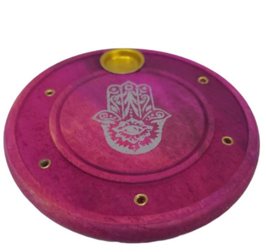 ROUND PINK HAMSA HAND INCENSE BURNER