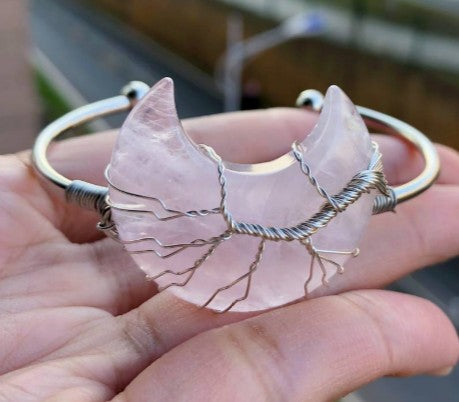 ROSE QUARTZ MOON WIRE WRAPPED ENERGY BANGLE - SELF LOVE