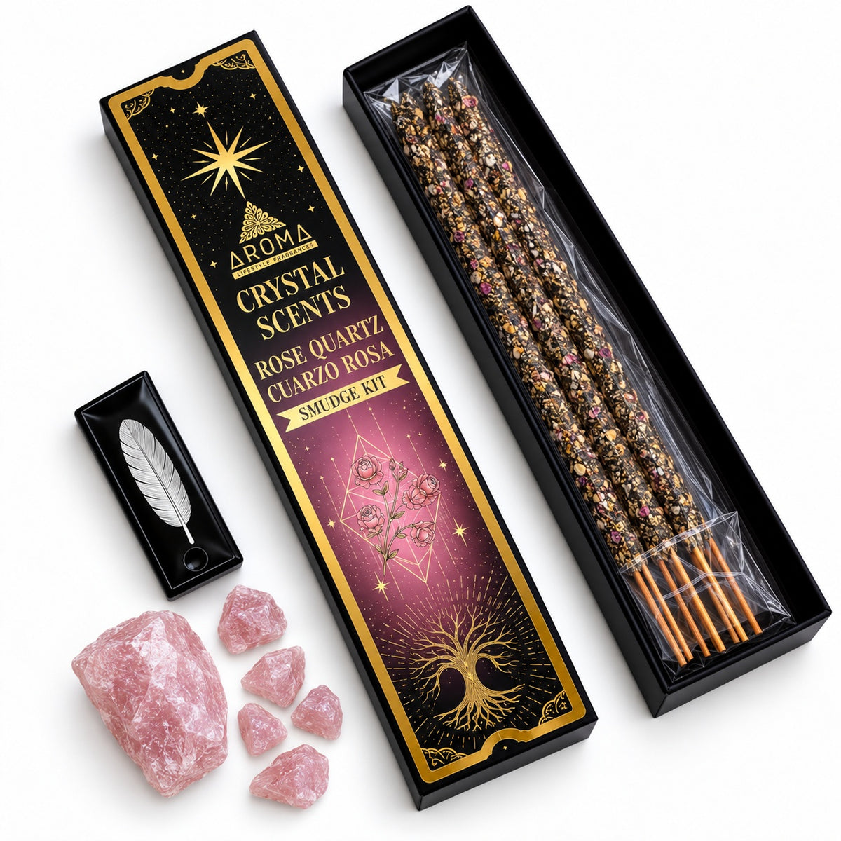 ROSE QUARTZ CRYSTAL SCENTS INCENSE SMUDGE STICKS