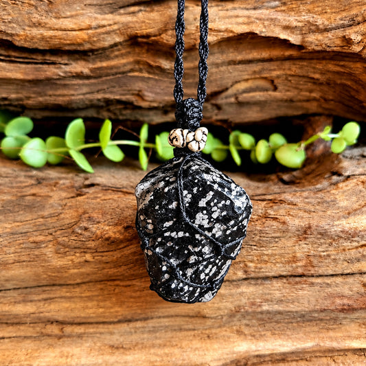 SNOWFLAKE OBSIDIAN ROUGH MACRAME NECKLACE
