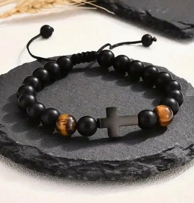 TIGER EYE & BLACK OBSIDIAN CROSS BRACELET ADJUSTABLE - PROTECTION