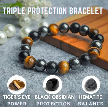 TRIPLE PROTECTION ENERGY BRACELET 8 mm - TIGER EYE, HEMATITE & OBSIDIAN