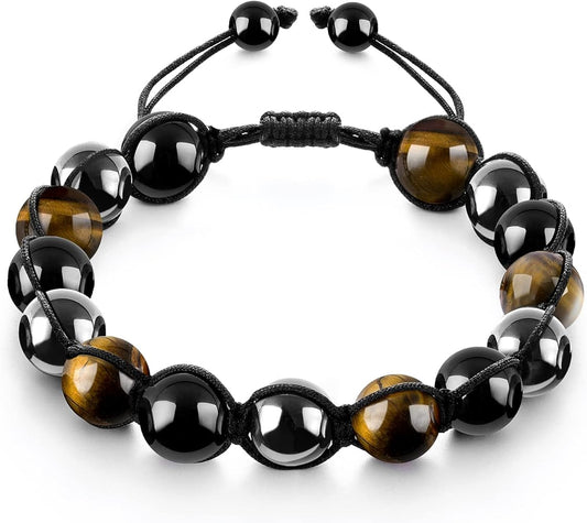 TRIPLE PROTECTION BRACELET ADJUSTABLE 10 mm - TIGER EYE, HEMATITE & OBSIDIAN