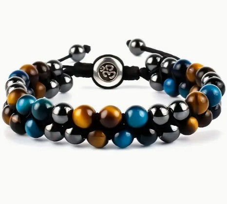TRIPLE PROTECTION DOUBLE ROW BRACELET 6mm - BLUE TIGER EYE, HEMATITE & OBSIDIAN