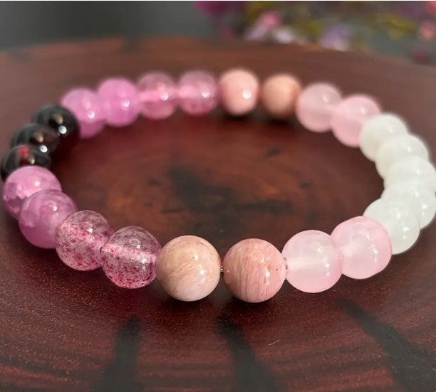 TRIPLE LOVE ENERGY BRACELET 8 mm - GARNET,ROSE AND STRAWBERRY QUARTZ, MOONSTONE & RHODONITE